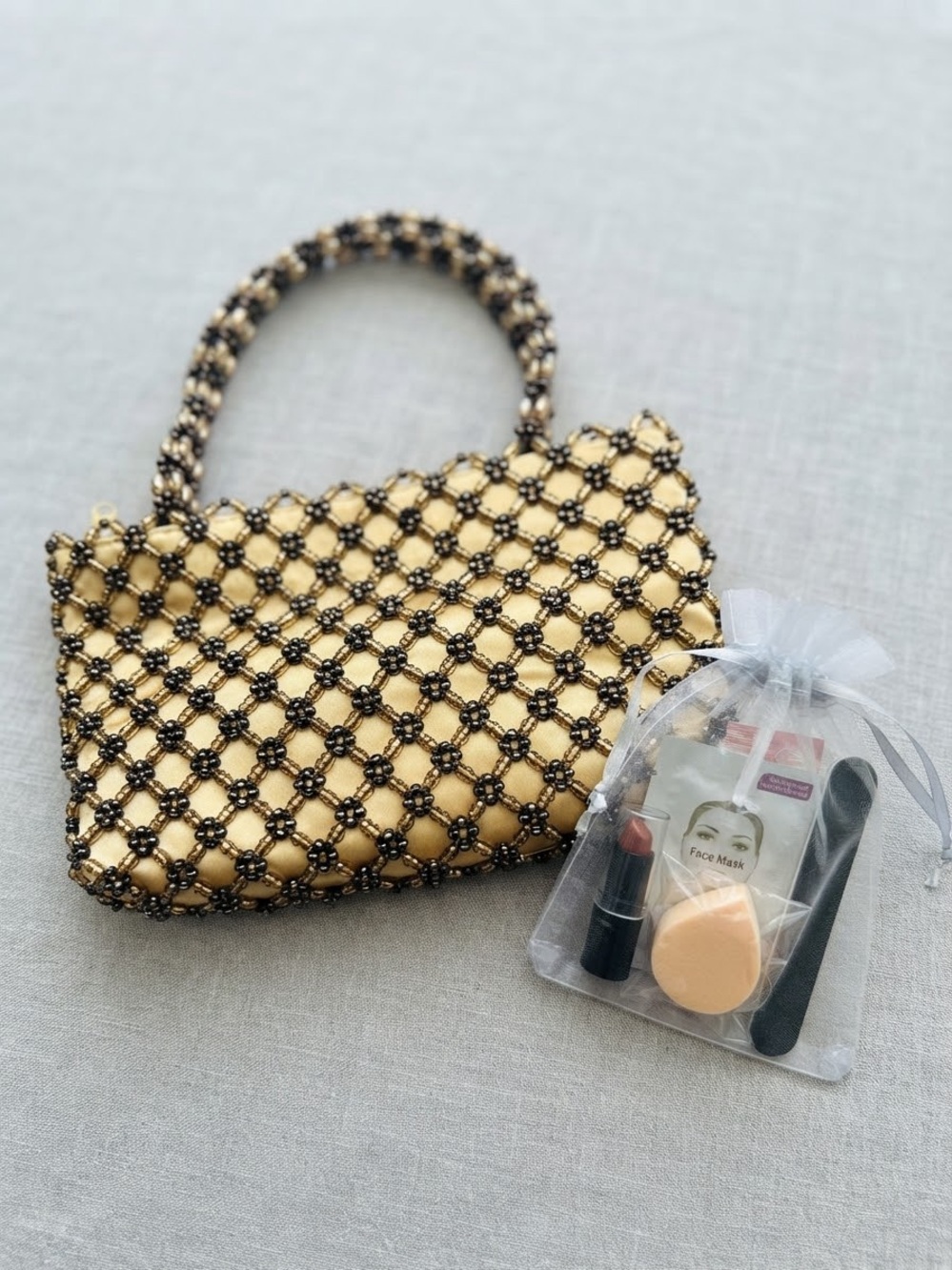 NWOT Vintage Bijoux Terner Gold Satin & Beaded Lattice Evening Bag & gift bag
